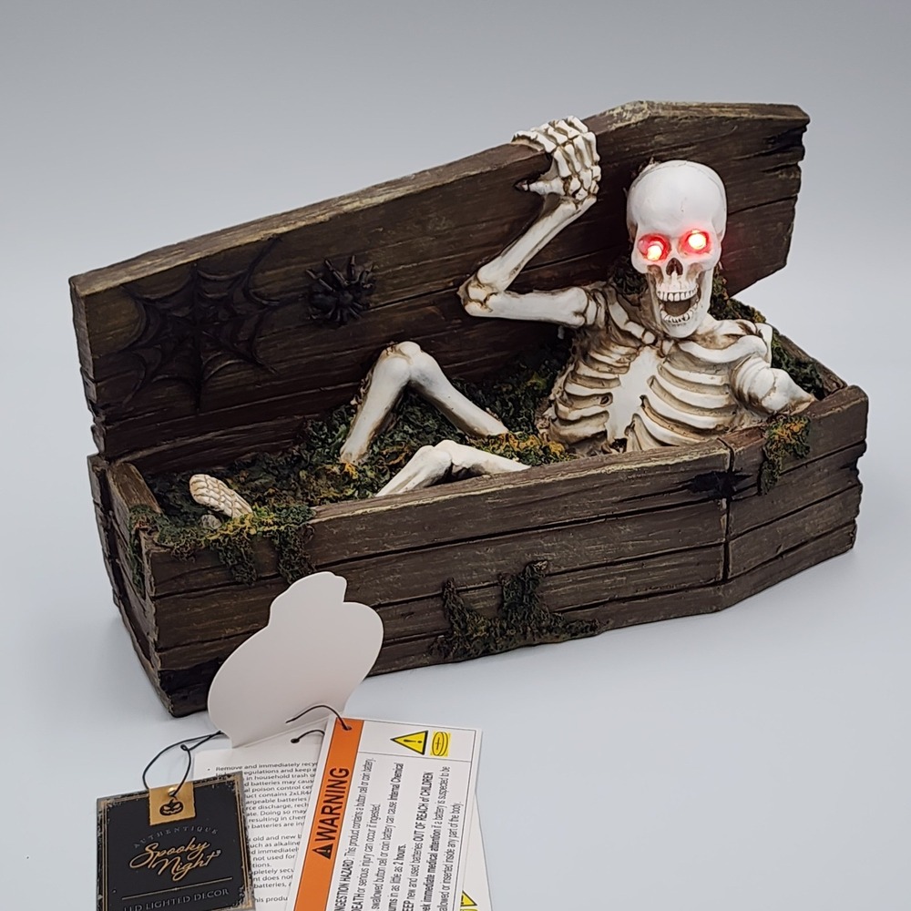 Spooky Night Skeleton in Coffin LED Lighted Halloween Figurine Resin 11" Gothic